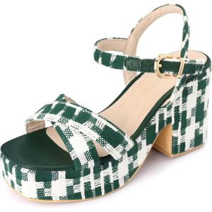 imageAllegra K Womens Cloth Checkered Pattern Platform Heels Chunky Heel SandalsGreen