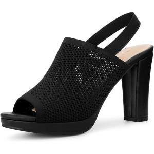 imageAllegra K Womens Peep Toe Platform Slingback Knit Chunky Heels SandalsBlack