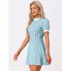imageAllegra K Women Gingham Dress Summer Short Sleeve Crew Neck Lace Panel Plaid Mini Dresses Halloween Dorothy CostumeLake Blue