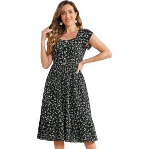 imageAllegra K Summer Dresses for Womens 2024 Square Collar Short Sleeve Floral Boho Beach Casual Midi DressBlack