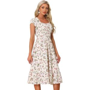 imageAllegra K Summer Dresses for Womens 2024 Square Collar Short Sleeve Floral Boho Beach Casual Midi DressFloral Pink Purple