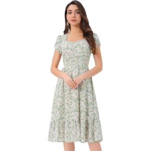 imageAllegra K Summer Dresses for Womens 2024 Square Collar Short Sleeve Floral Boho Beach Casual Midi DressGreen