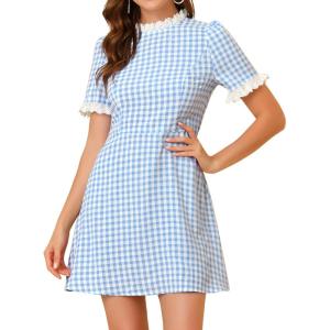 imageAllegra K Women Gingham Dress Summer Short Sleeve Crew Neck Lace Panel Plaid Mini Dresses Halloween Dorothy CostumeBlue