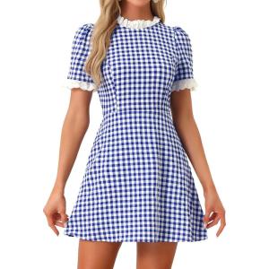 imageAllegra K Women Gingham Dress Summer Short Sleeve Crew Neck Lace Panel Plaid Mini Dresses Halloween Dorothy CostumeBlue White