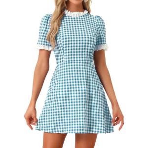 imageAllegra K Women Gingham Dress Summer Short Sleeve Crew Neck Lace Panel Plaid Mini Dresses Halloween Dorothy CostumeLake Blue