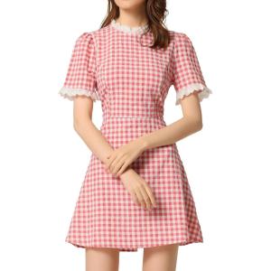 imageAllegra K Women Gingham Dress Summer Short Sleeve Crew Neck Lace Panel Plaid Mini Dresses Halloween Dorothy CostumePink