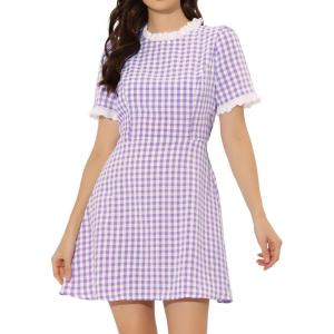 imageAllegra K Women Gingham Dress Summer Short Sleeve Crew Neck Lace Panel Plaid Mini Dresses Halloween Dorothy CostumePurple