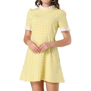 imageAllegra K Women Gingham Dress Summer Short Sleeve Crew Neck Lace Panel Plaid Mini Dresses Halloween Dorothy CostumeYellow