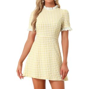 imageAllegra K Women Gingham Dress Summer Short Sleeve Crew Neck Lace Panel Plaid Mini Dresses Halloween Dorothy CostumeYellow White