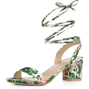 imageAllegra K Womens Block Heel Sandals Floral Green Lace Up Heels 10 m US
