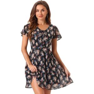 imageAllegra K Womens Floral Printed Spring Summer Flare Short Sleeve Laceup V Neck Chiffon DressBlack B