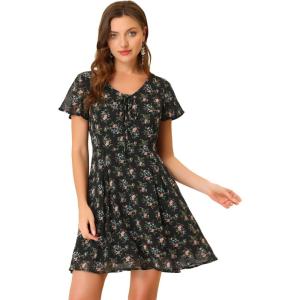 imageAllegra K Womens Floral Printed Spring Summer Flare Short Sleeve Laceup V Neck Chiffon DressBlack Floral
