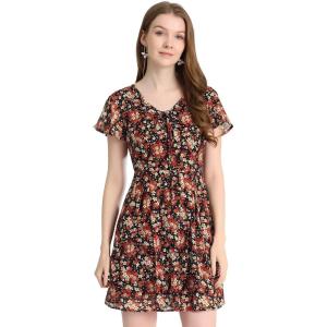 imageAllegra K Womens Floral Printed Spring Summer Flare Short Sleeve Laceup V Neck Chiffon DressBlack Red