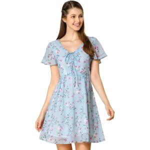 imageAllegra K Womens Floral Printed Spring Summer Flare Short Sleeve Laceup V Neck Chiffon DressBlue