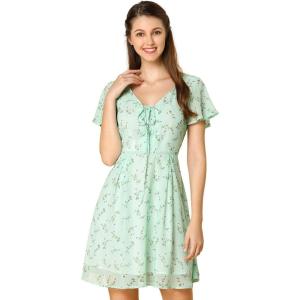 imageAllegra K Womens Floral Printed Spring Summer Flare Short Sleeve Laceup V Neck Chiffon DressLight Green