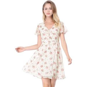 imageAllegra K Womens Floral Printed Spring Summer Flare Short Sleeve Laceup V Neck Chiffon DressWhite