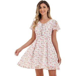 imageAllegra K Womens Floral Printed Spring Summer Flare Short Sleeve Laceup V Neck Chiffon DressWhite Pink