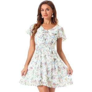 imageAllegra K Womens Floral Printed Spring Summer Flare Short Sleeve Laceup V Neck Chiffon DressWhite Purple