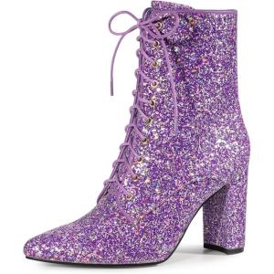 imageAllegra K Womens Glitter Pointed Toe Block Heel Halloween Ankle BootsPurple