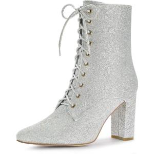 imageAllegra K Womens Glitter Pointed Toe Block Heel Halloween Ankle BootsSilver