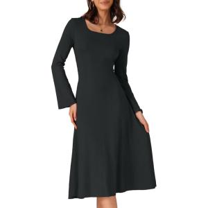 imageAllegra K Womens Square Neck Sweater Dress Fall Lace Up Bell Long Sleeve Casual ALine Midi DressesBlack