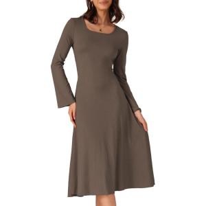 imageAllegra K Womens Square Neck Sweater Dress Fall Lace Up Bell Long Sleeve Casual ALine Midi DressesCoffee