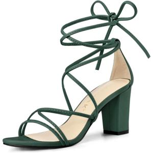imageAllegra K Womens Strappy Lace Up Chunky Heeled Dark Green Heels Sandals 9 m US