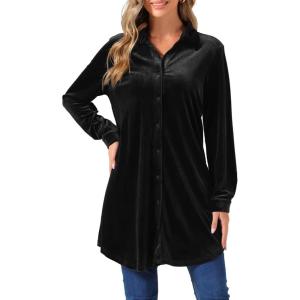 imageAllegra K Womens Velvet Button Down T Shirts Swing Mini Shirt Dress Casual Long Sleeve Lapel Tunic TopsBlack