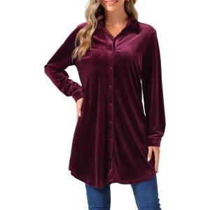 imageAllegra K Womens Velvet Button Down T Shirts Swing Mini Shirt Dress Casual Long Sleeve Lapel Tunic TopsDark Purple Red