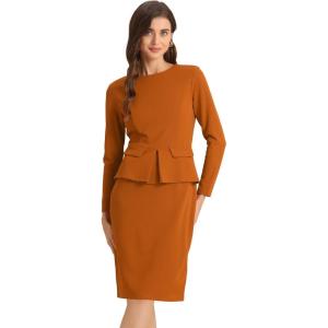 imageAllegra K Womens Bodycon Dresses Round Neck Long Sleeve Casual Work Outfits Peplum Sheath DressCaramel