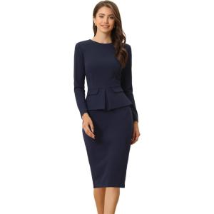 imageAllegra K Womens Bodycon Dresses Round Neck Long Sleeve Casual Work Outfits Peplum Sheath DressNavy Blue