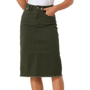 imageAllegra K Womens Casual Jean Skirt Back Slit Raw Hem Stretch High Waist Denim SkirtsArmy Green