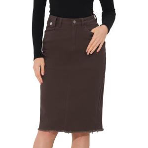 imageAllegra K Womens Casual Jean Skirt Back Slit Raw Hem Stretch High Waist Denim SkirtsDark Brown