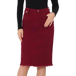 imageAllegra K Womens Casual Jean Skirt Back Slit Raw Hem Stretch High Waist Denim SkirtsDark Red