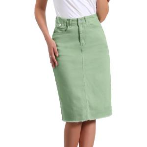 imageAllegra K Womens Casual Jean Skirt Back Slit Raw Hem Stretch High Waist Denim SkirtsLight Green