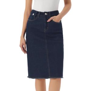 imageAllegra K Womens Casual Jean Skirt Back Slit Raw Hem Stretch High Waist Denim SkirtsNavy Blue