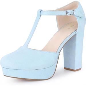 imageAllegra K Womens Platform Chunky Heel Mary Janes Pumps Retro TStrap Round Toe Ankle Strap Dress Heels PumpLight Blue