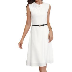imageAllegra K Work Dress for Women Sleeveless Button Decor Belted A Line Business Casual DressesCream White