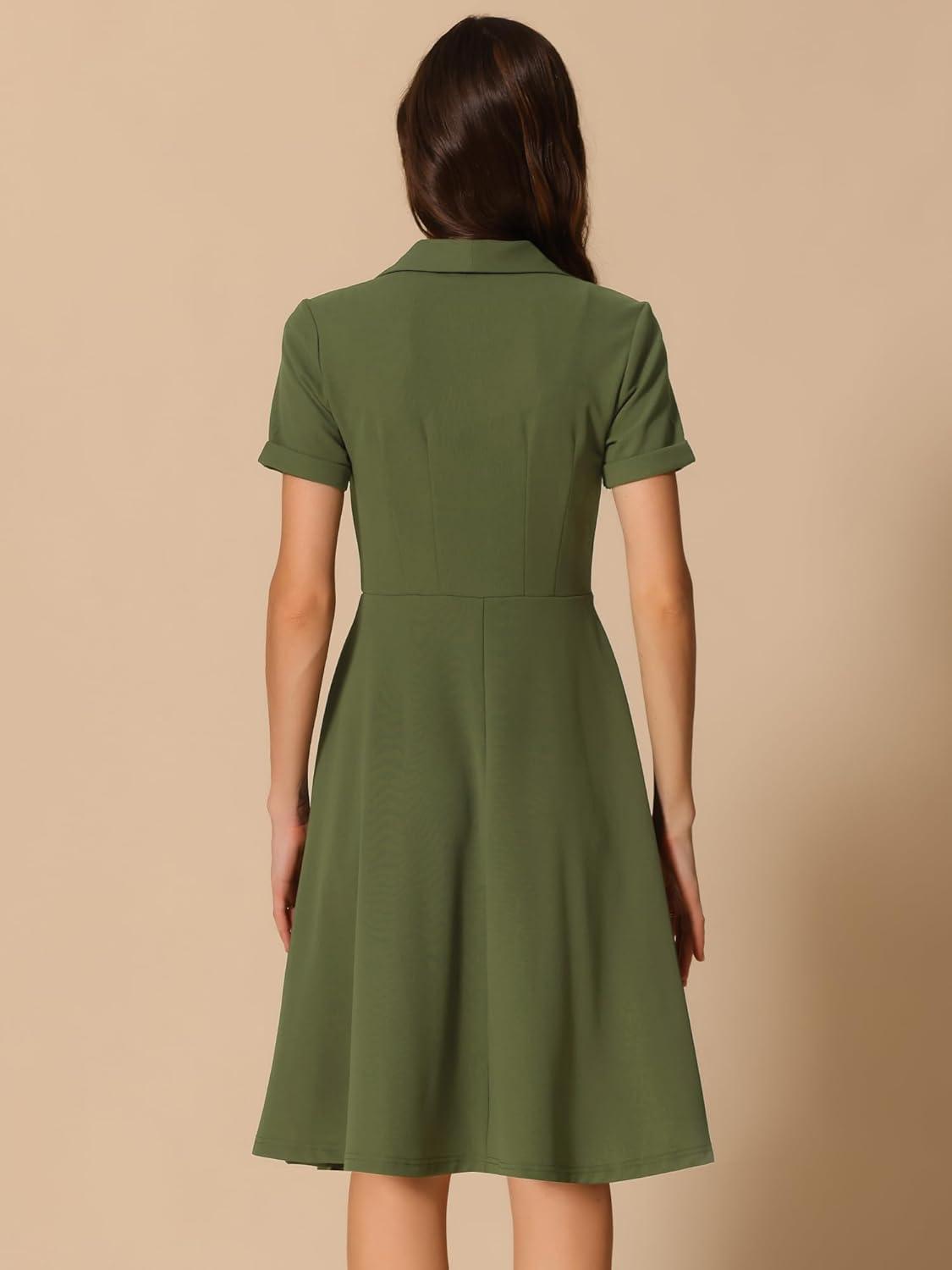 imageAllegra K Vintage Work Dresses for Womens 1950s Flat Collar Short Sleeve Fit and Flare DressArmy Green