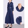 imageAllegra K Dressy Casual Pleated Dress for Womens 34 Sleeves Collared V Neck Empire Waist Belted Maxi DressDark Blue