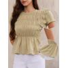 imageAllegra K Peplum Babydoll Tops for Womens Summer Smocked Ruched Crew Neck Cap Sleeve Casual TeeKhaki