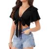 imageAllegra K Boho Tie Front Crop Tops for Womens Textured Short Bell Sleeve Sexy Deep V Neck Beach ClothingBlack