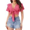 imageAllegra K Boho Tie Front Crop Tops for Womens Textured Short Bell Sleeve Sexy Deep V Neck Beach ClothingHot Pink