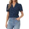 imageAllegra K Casual Blouse for Women Floral Print Short Sleeve Shirt V Neck Notch Lapel Blouse Dressy Summer TopsDark Blue