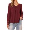 imageAllegra K Long Sleeve V Neck Blouse for Womens Casual Tops Lace Hollow Out Shirts Fall Winter Basic Tunic TopsWine Red