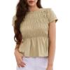 imageAllegra K Peplum Babydoll Tops for Womens Summer Smocked Ruched Crew Neck Cap Sleeve Casual TeeKhaki