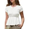 imageAllegra K Peplum Babydoll Tops for Womens Summer Smocked Ruched Crew Neck Cap Sleeve Casual TeeWhite