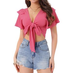 imageAllegra K Boho Tie Front Crop Tops for Womens Textured Short Bell Sleeve Sexy Deep V Neck Beach ClothingHot Pink
