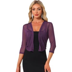 imageAllegra K Bolero Shrug for Womens Elegant 34 Sleeve Mesh Sheer Cardigan Formal Jacket for Evening DressesDark Purple