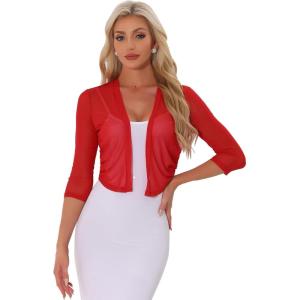 imageAllegra K Bolero Shrug for Womens Elegant 34 Sleeve Mesh Sheer Cardigan Formal Jacket for Evening DressesRed